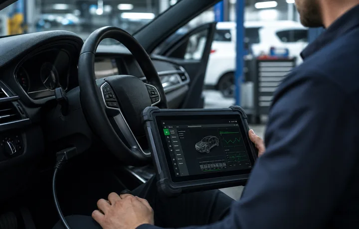 Diagnosescanner am Fahrzeug zur elektronischen Systempruefung