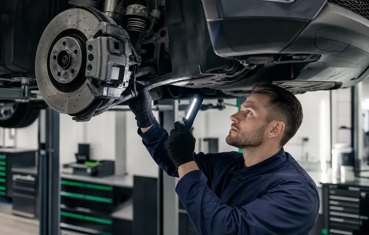 Mechaniker prueft Bremsen Fahrwerk und Sicherheitskomponenten
