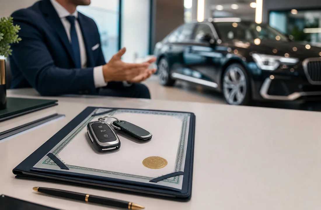Premium-Haendler Garantieunterlagen und Fahrzeugschluessel vorbereitet fuer Kundenuebergabe